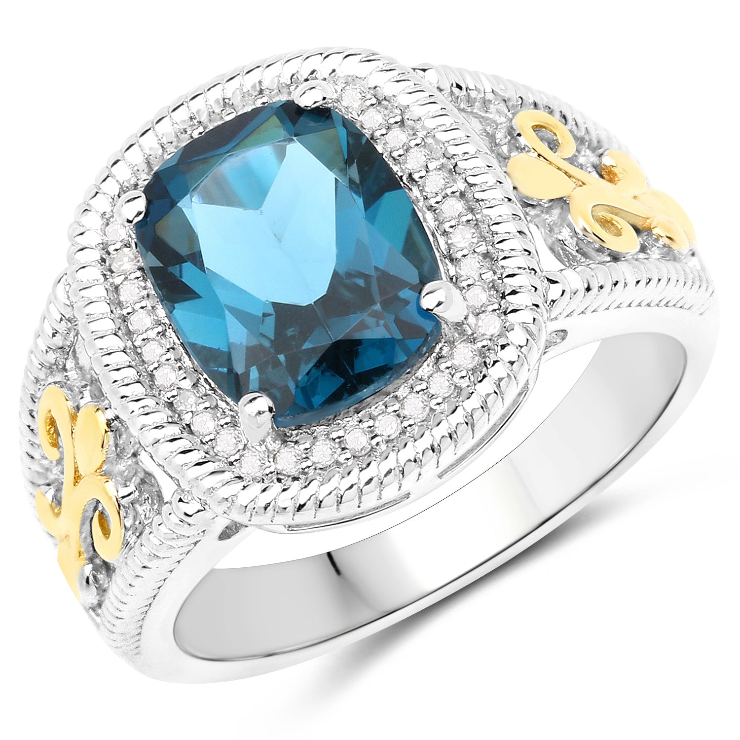 3.59 Carat Genuine London Blue Topaz and White Diamond 14K Yellow Gold with .925 Sterling Silver Ring Bids.com
