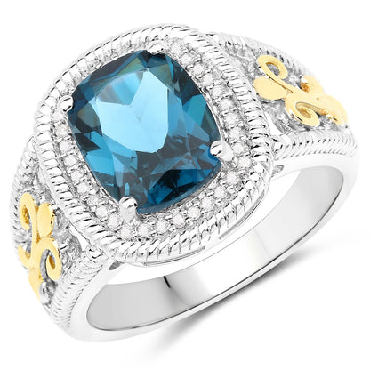 3.59 Carat Genuine London Blue Topaz and White Diamond 14K Yellow Gold with .925 Sterling Silver Ring Bids.com