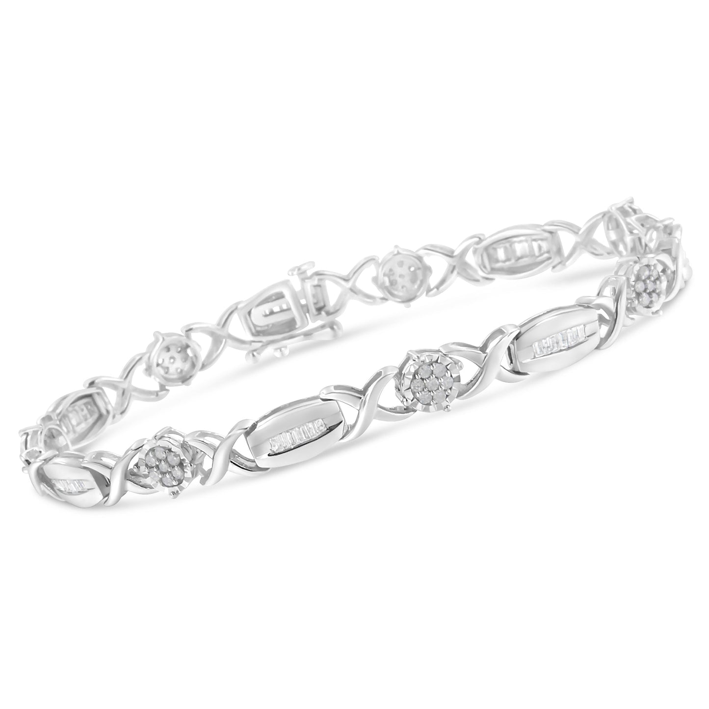 .925 Sterling Silver 1.0 Cttw Round-Cut and Baguette-Cut Diamond X-Link Bracelet (I-J Color, I1-I2 Clarity) - 7" Bids.com