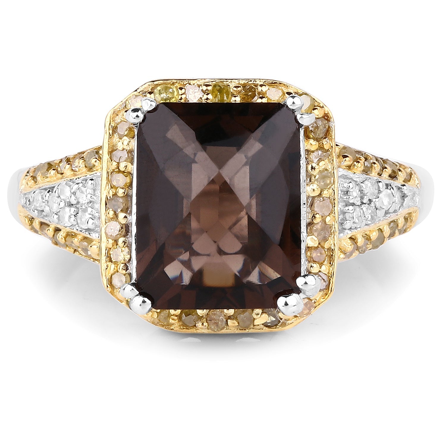 3.48 Carat Genuine Smoky Quartz, Yellow Diamond and White Diamond .925 Sterling Silver Ring Bids.com