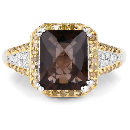 3.48 Carat Genuine Smoky Quartz, Yellow Diamond and White Diamond .925 Sterling Silver Ring Bids.com