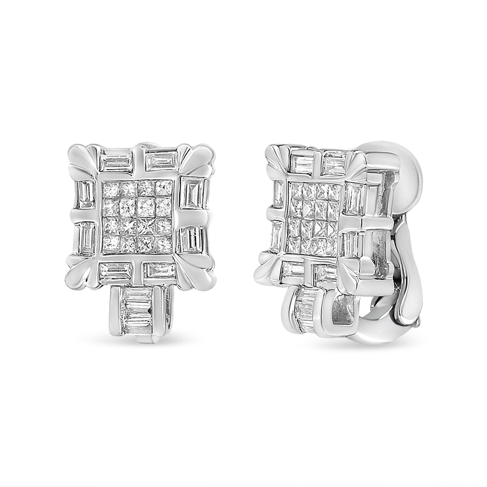 14K White Gold 1.0 Cttw Princess and Baguette-Cut Diamond Square Framed Huggie Hoop Omega Earrings (H-I Color, SI1-SI2 Clarity) Bids.com