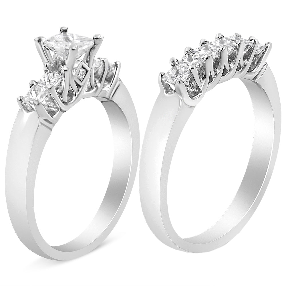 14K White Gold 1 1/2 Cttw 5 Stone Princess Diamond Engagement Wedding Ring Set (H-I Color, SI2-I1 Clarity) - Ring Size 7 Bids.com