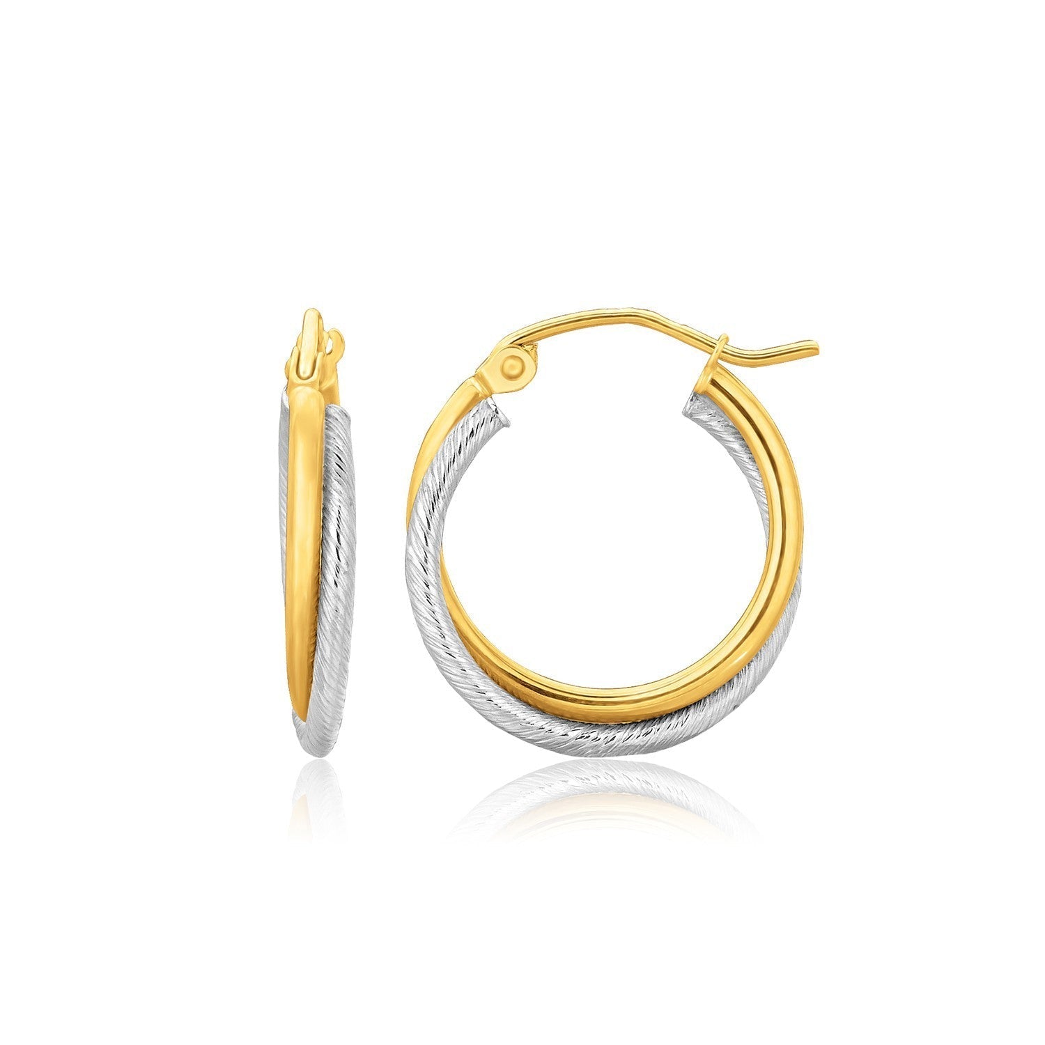 14k Two Tone Gold Double Polished and Textured Hoop Earrings Bids.com