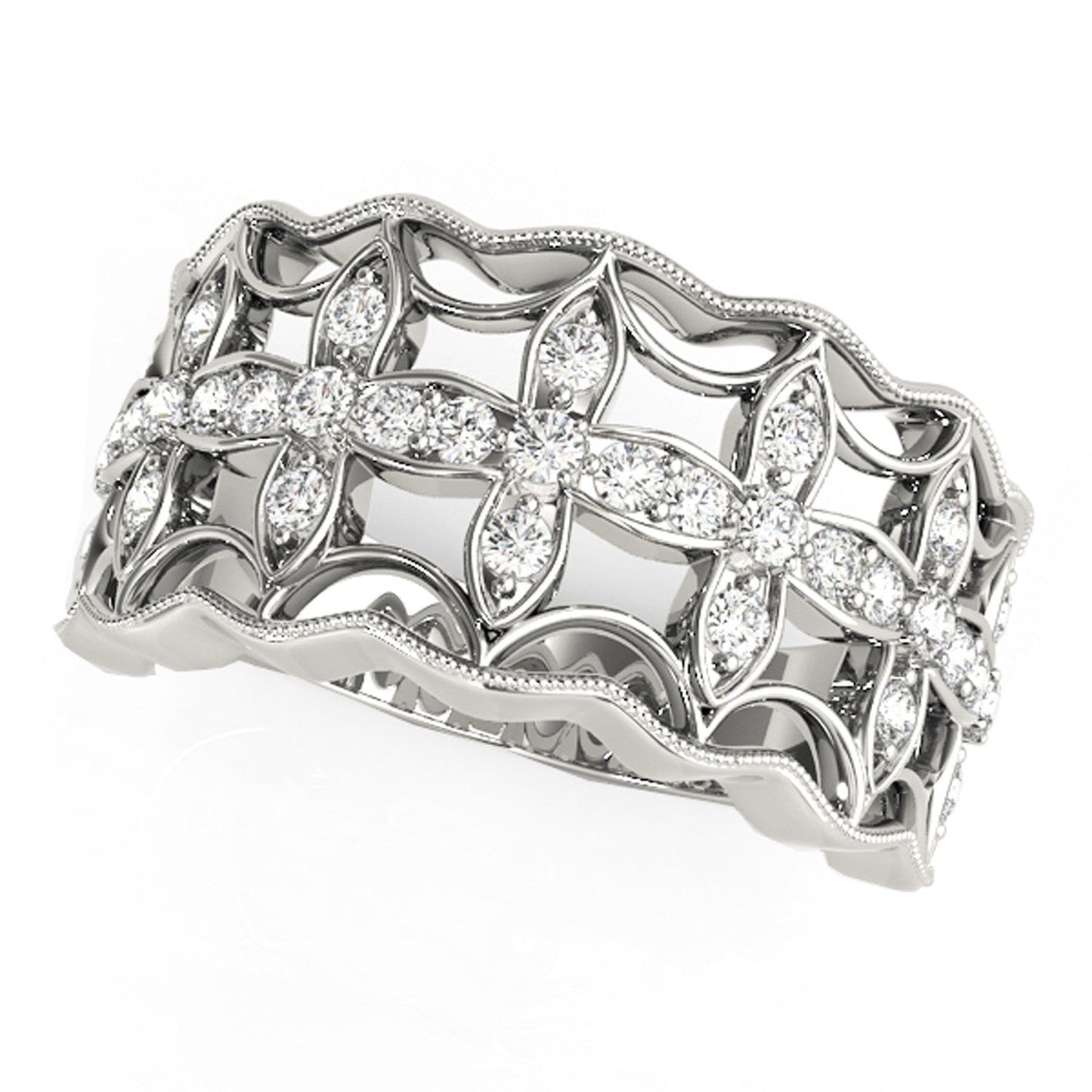 Diamond Studded Four Leaf Clover Motif Ring in 14k White Gold (1/4 cttw) Bids.com
