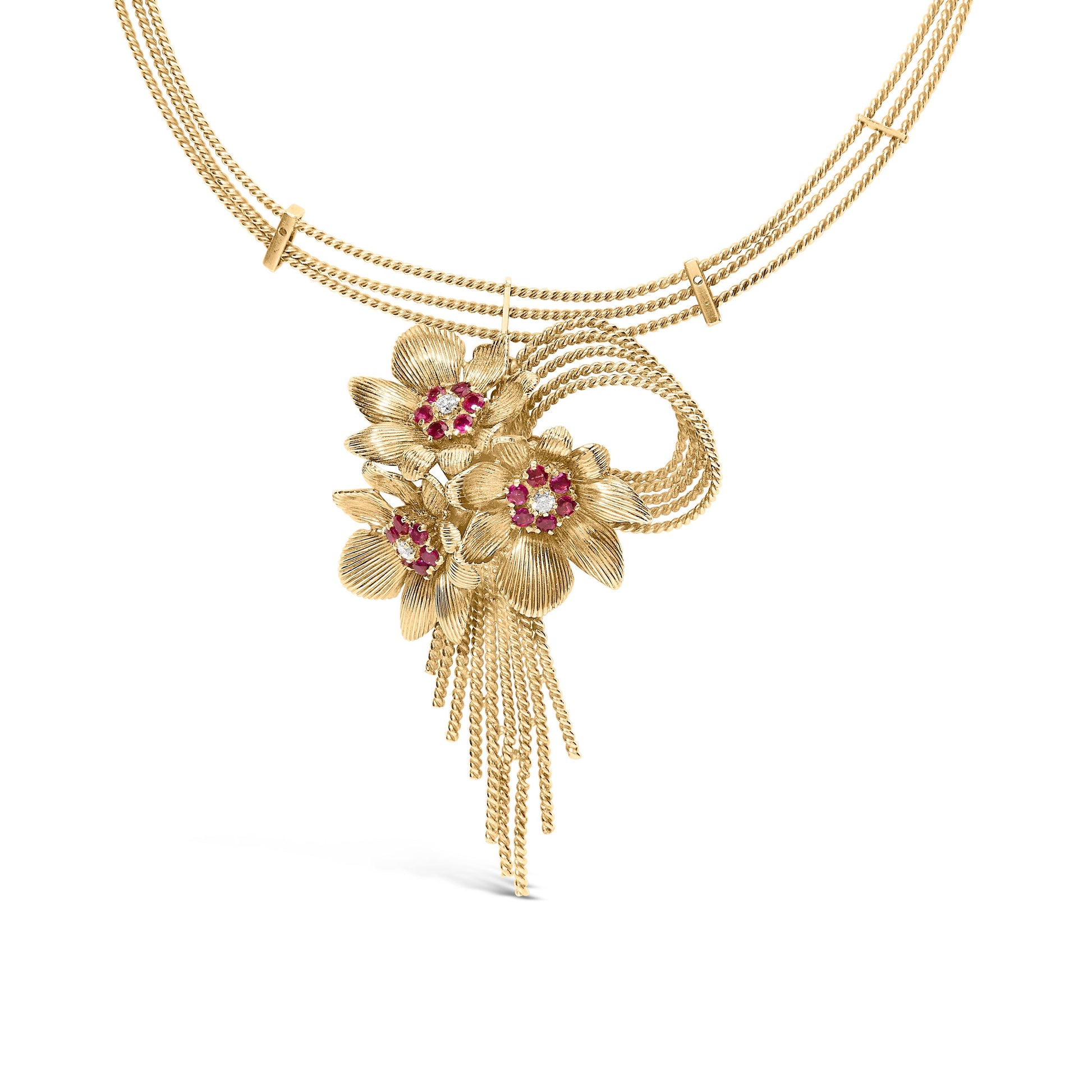 18K Yellow Gold Diamond and Red Ruby Floral Cascade Statement Necklace with 16" Inch Bead Chain (F-G Color, VS1-VS2 Clarity) Bids.com