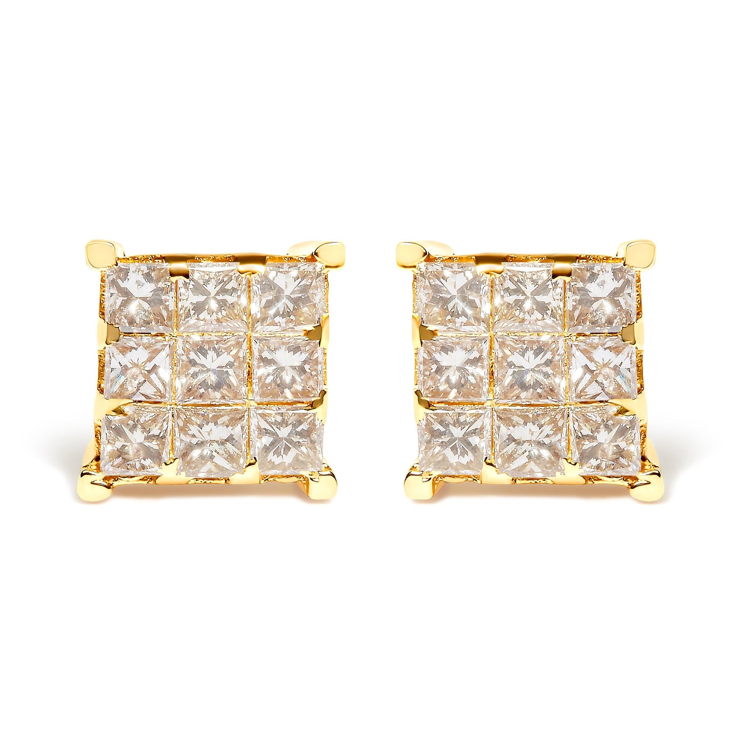 14K Yellow Gold 1 1/2 Cttw Invisible Set Princess-Cut Diamond 9 Stone Square Stud Earrings (J-K Color, SI2-I1 Clarity) Bids.com
