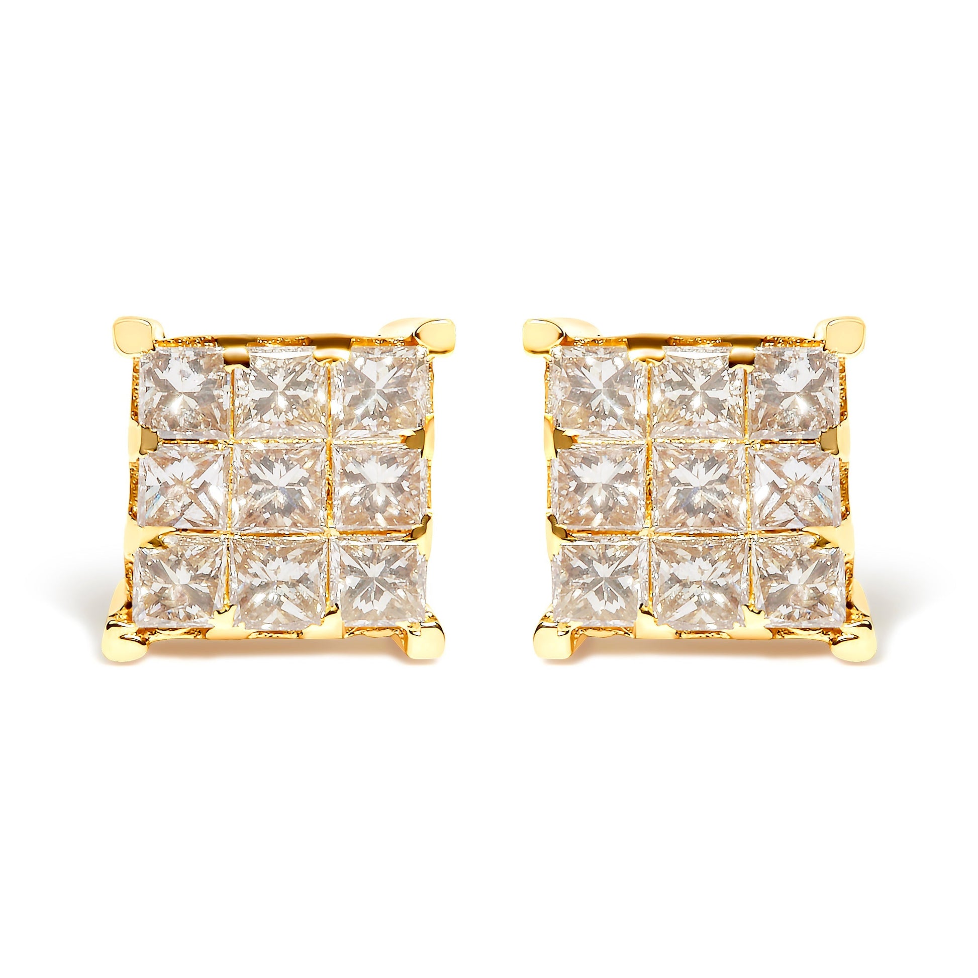 14K Yellow Gold 1 1/2 Cttw Invisible Set Princess-Cut Diamond 9 Stone Square Stud Earrings (J-K Color, SI2-I1 Clarity) Bids.com