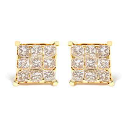 14K Yellow Gold 1 1/2 Cttw Invisible Set Princess-Cut Diamond 9 Stone Square Stud Earrings (J-K Color, SI2-I1 Clarity) Bids.com