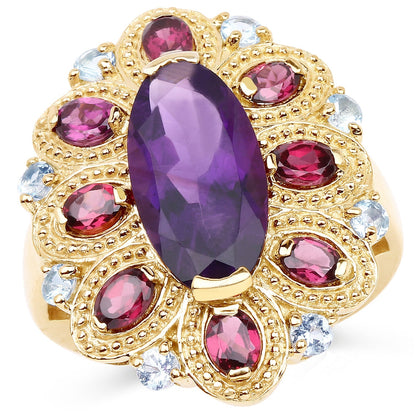 14K Yellow Gold Plated 6.80 Carat Genuine Amethyst, Rhodolite & Blue Topaz .925 Sterling Silver Ring Bids.com