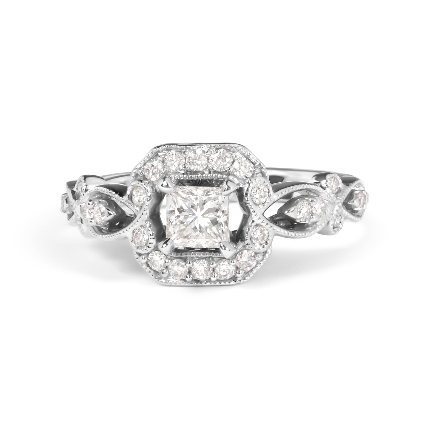 14K White Gold Diamond 3/4 Cttw Diamond Halo Style and Woven Shank Engagement Ring (G-H Color, VS2-SI1 Clarity) - Size 7 Bids.com