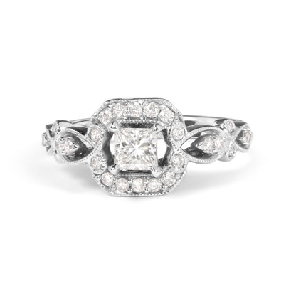 14K White Gold Diamond 3/4 Cttw Diamond Halo Style and Woven Shank Engagement Ring (G-H Color, VS2-SI1 Clarity) - Size 7 Bids.com