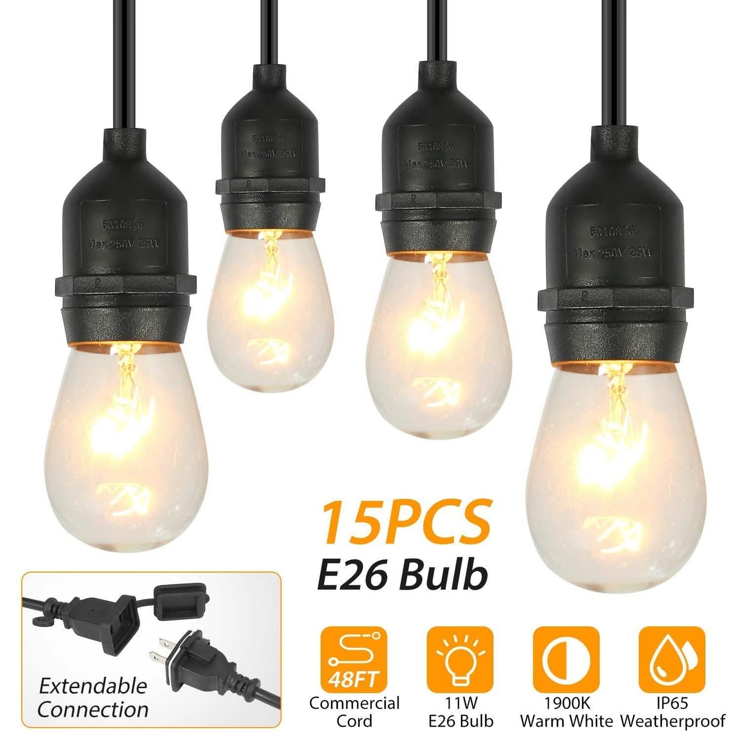 48ft Outdoor String Light Waterproof Patio String Lights Bulbs DailySale