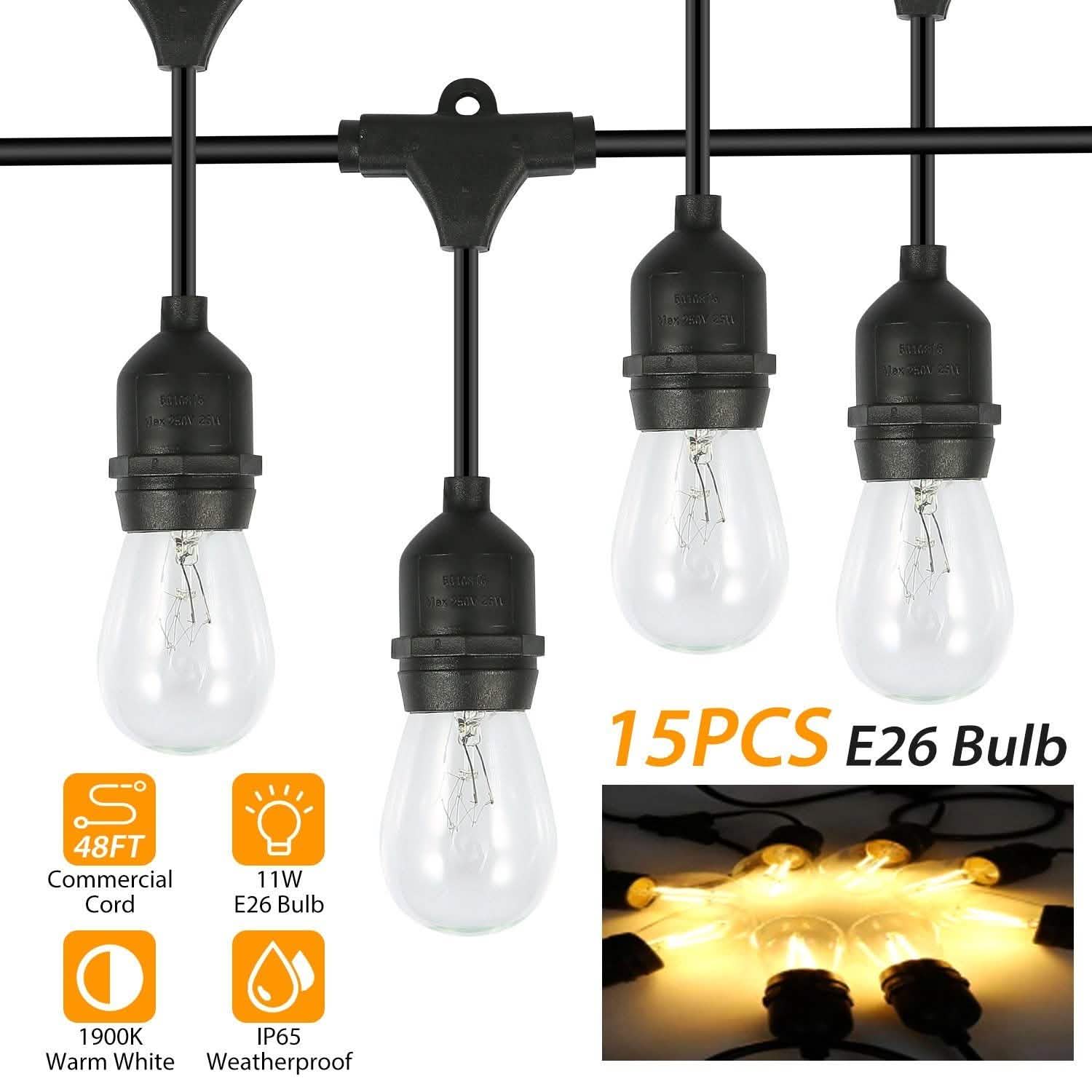 48ft Outdoor String Light Waterproof Patio String Lights Bulbs DailySale
