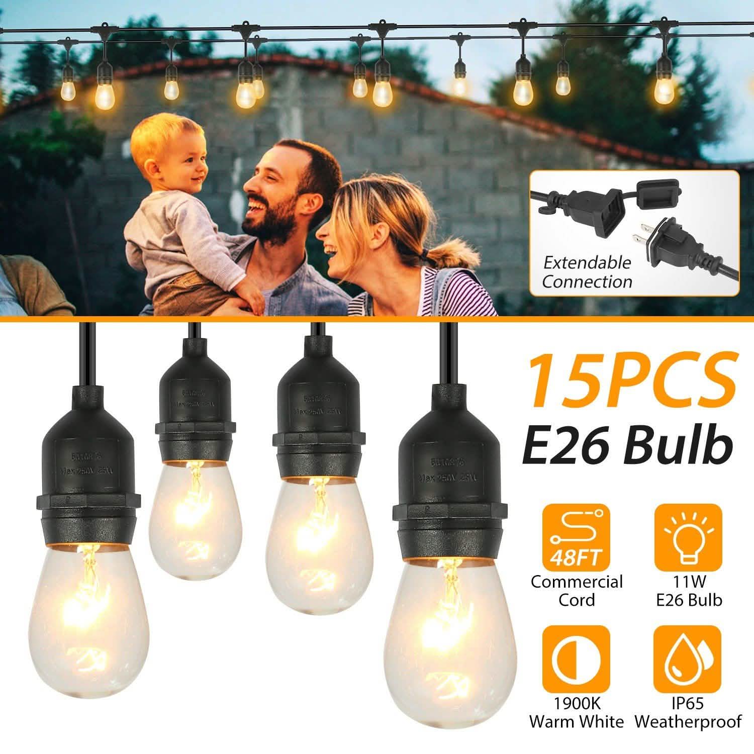 48ft Outdoor String Light Waterproof Patio String Lights Bulbs DailySale