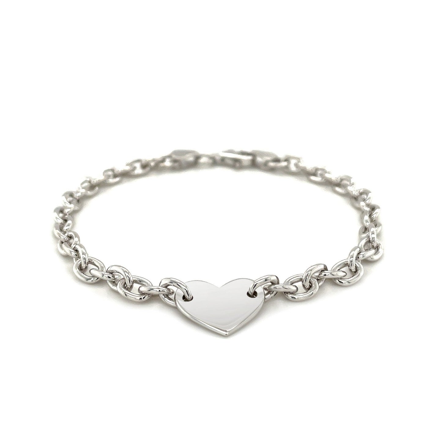 Sterling Silver Rhodium Plated Chain Bracelet with a Flat Heart Station Bids.com