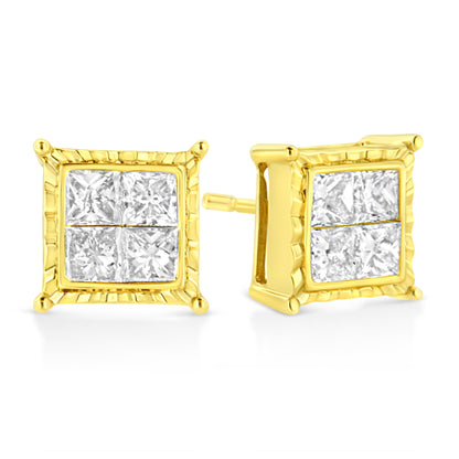 14K Yellow Gold 1.0 Cttw Invisible Set Princess-Cut Diamond Composite 8 Stone Stud Earrings (I-J Color, SI1-SI2 Clarity) Bids.com