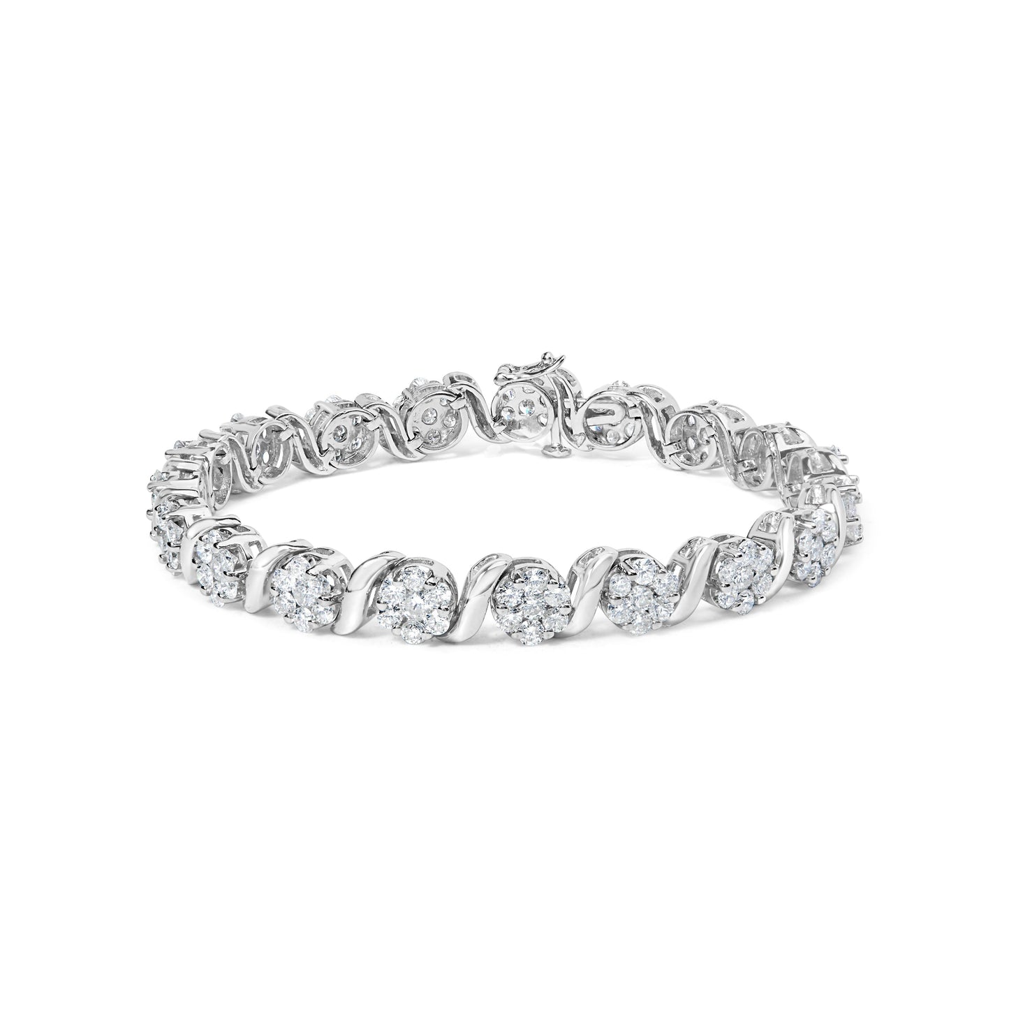 14K White Gold 7 3/8 Cttw Round Brilliant Diamond Floral Cluster and S Link Bracelet (H-I Color, SI2-I1 Clarity) - 7" Inches Bids.com