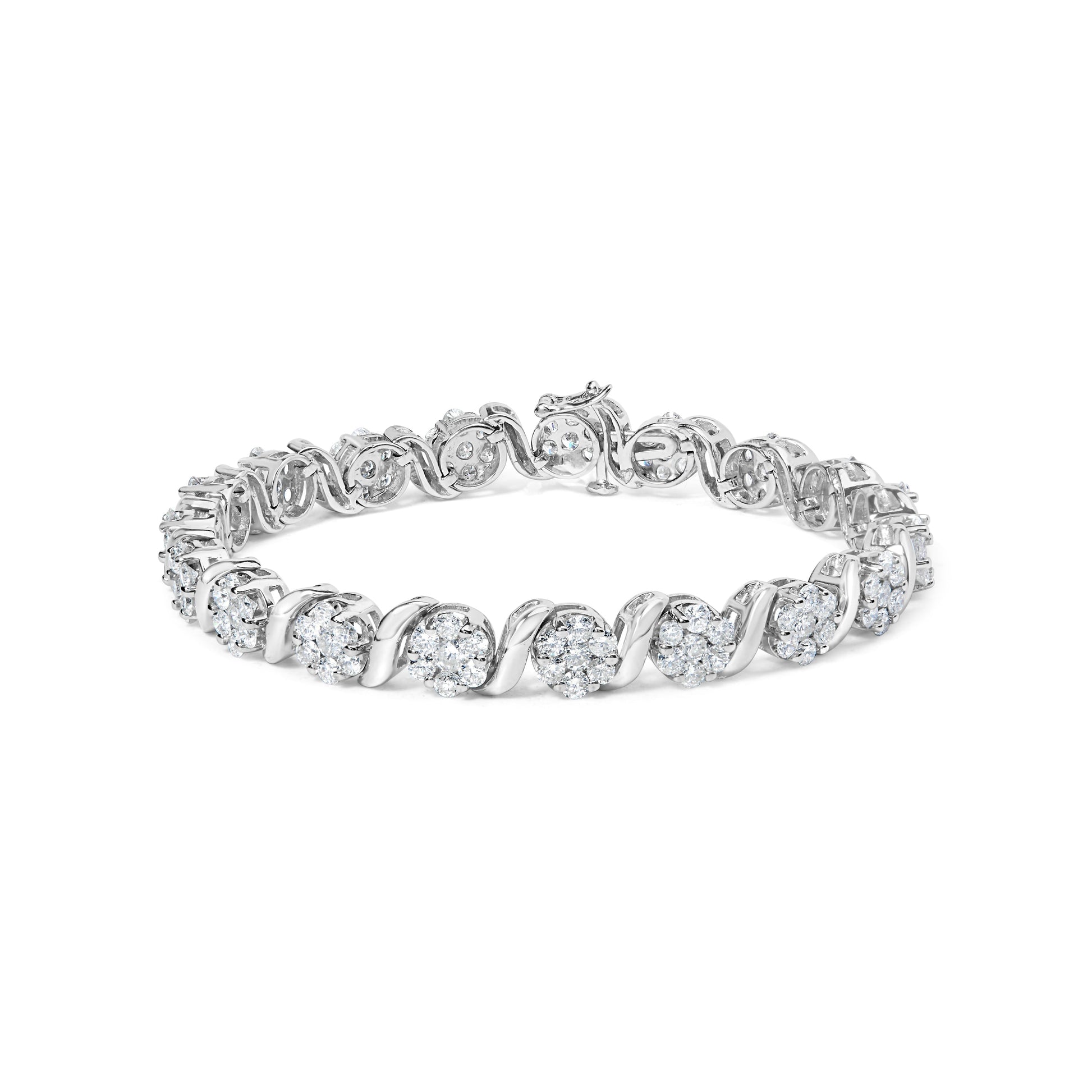 14K White Gold 7 3/8 Cttw Round Brilliant Diamond Floral Cluster and S Link Bracelet (H-I Color, SI2-I1 Clarity) - 7" Inches Bids.com