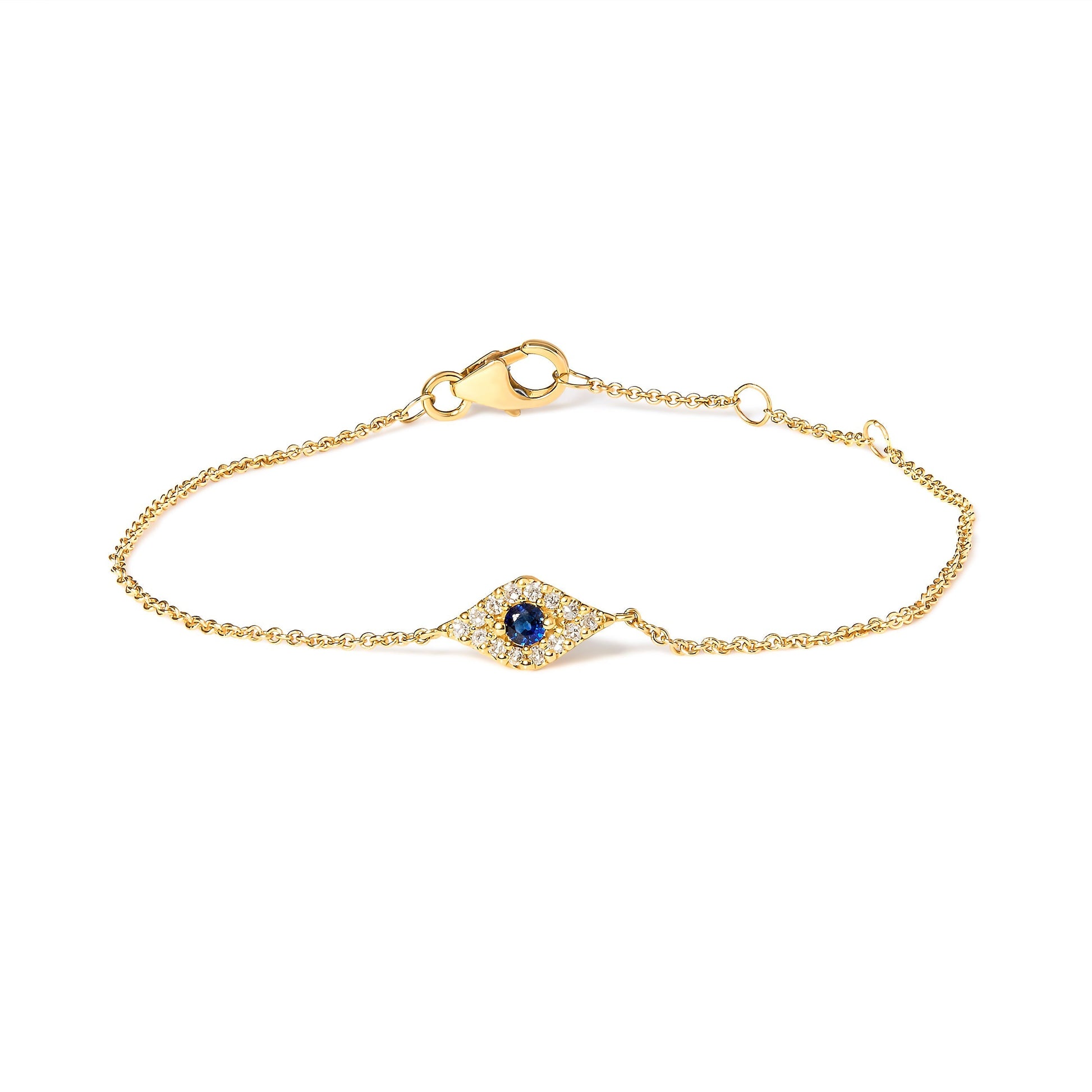 10K Yellow Gold Blue Sapphire and Diamond Accent Evil Eye Station Link Bracelet  (H-I Color, I1-I2 Clarity) - Size 7" Bids.com