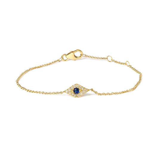 10K Yellow Gold Blue Sapphire and Diamond Accent Evil Eye Station Link Bracelet  (H-I Color, I1-I2 Clarity) - Size 7" Bids.com