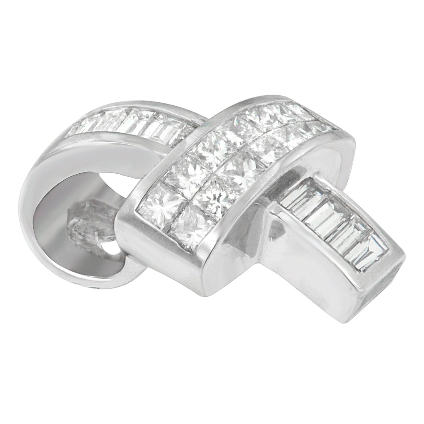 14K White Gold 2 cttw Princess and Baguette Cut Diamond Ribbon Pendant Necklace (H-I, SI-SI2) Bids.com