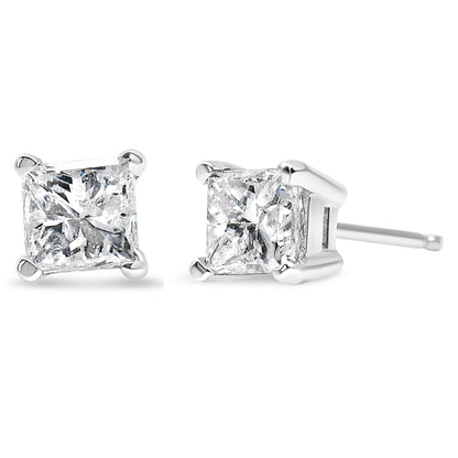 AGS Certified 18K White Gold 1.0 Cttw 4-Prong Set Princess-Cut Solitaire Diamond Screw Back Stud Earrings (E-F Color, SI2-I1 Clarity) Bids.com