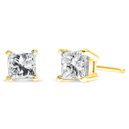 AGS Certified 14k Yellow Gold 1/4 Cttw 4-Prong Set Princess-Cut Solitaire Diamond Push Back Stud Earrings (H-I Color, SI1-SI2 Clarity) Bids.com