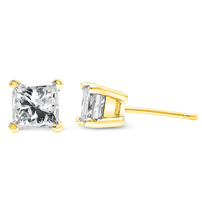 AGS Certified 1/4 Cttw Princess-Cut Square Diamond 4-Prong Solitaire Stud Earrings in 14K Yellow Gold (J-K Color, SI2-I1 Clarity) Bids.com