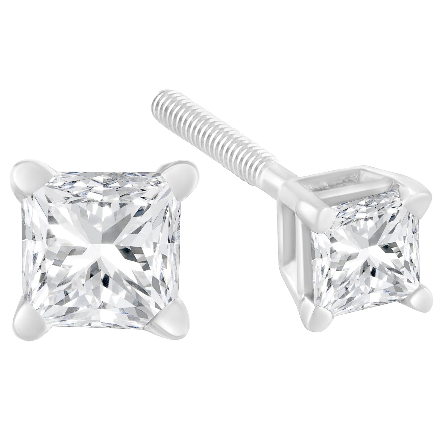 AGS Certified 18K White Gold 1.0 Cttw 4-Prong Set Princess-Cut Solitaire Diamond Screw Back Stud Earrings (E-F Color, SI2-I1 Clarity) Bids.com
