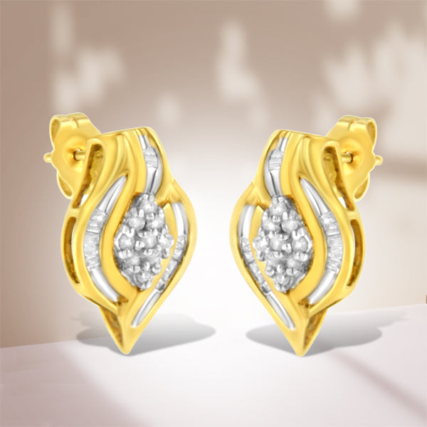 10K Yellow Gold 1/3 cttw Round-Cut Diamond Cluster and Swirl Stud Earrings (J-K Clarity, I2-I3 Color) Bids.com
