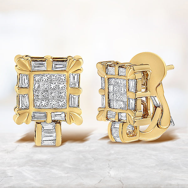 14K Yellow Gold 7/8 Cttw Princess and Baguette-Cut Diamond Square Framed Huggie Hoop Omega Earrings (H-I Color, SI1-SI2 Clarity) Bids.com