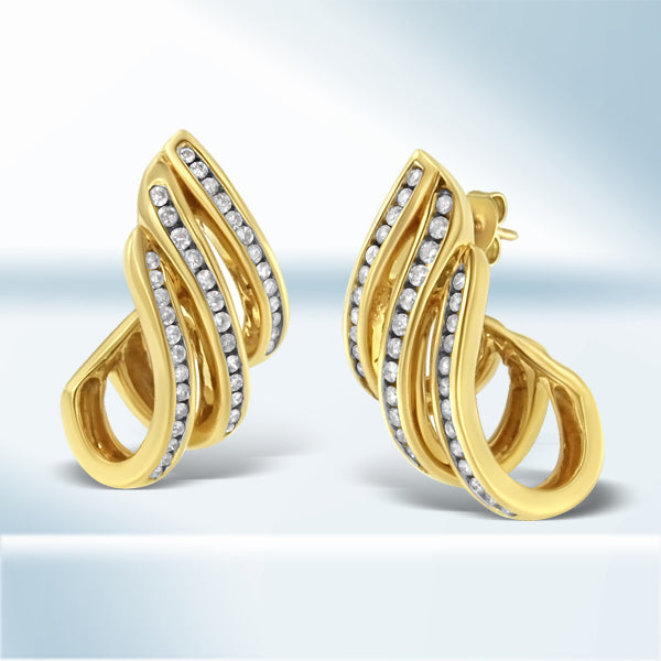 10K Yellow Gold 1.0 Cttw Round Brilliant Cut Diamond Spiral Multi Row Channel Set Open Hoop Pushback Stud Earrings (H-I Color, I1-I2 Clarity) Bids.com