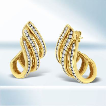 10K Yellow Gold 1.0 Cttw Round Brilliant Cut Diamond Spiral Multi Row Channel Set Open Hoop Pushback Stud Earrings (H-I Color, I1-I2 Clarity) Bids.com