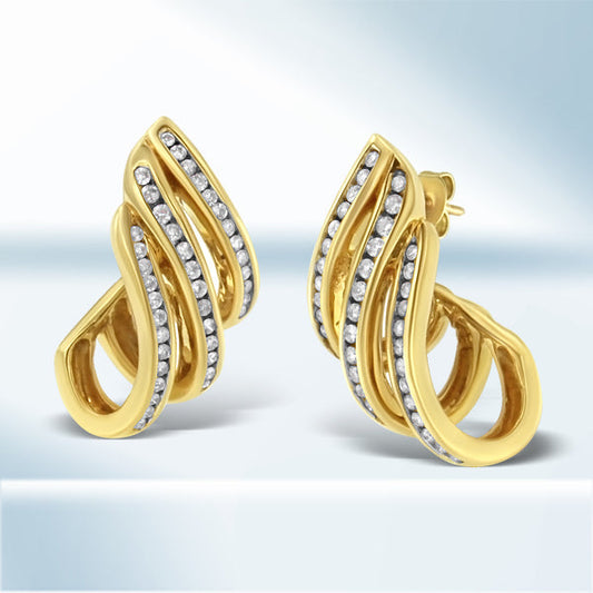 10K Yellow Gold 1.0 Cttw Round Brilliant Cut Diamond Spiral Multi Row Channel Set Open Hoop Pushback Stud Earrings (H-I Color, I1-I2 Clarity) Bids.com