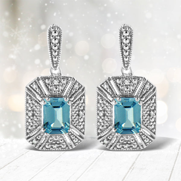 .925 Sterling Silver 7x5MM Emerald Shape Blue Topaz and Diamond Accent Art Deco Halo Style Drop and Dangle Earrings (I-J Color, I1-I2 Clarity) Bids.com