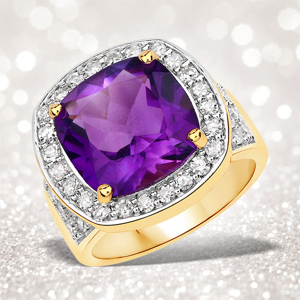 6.80 Carat Genuine Amethyst and White Diamond .925 Sterling Silver Ring Bids.com