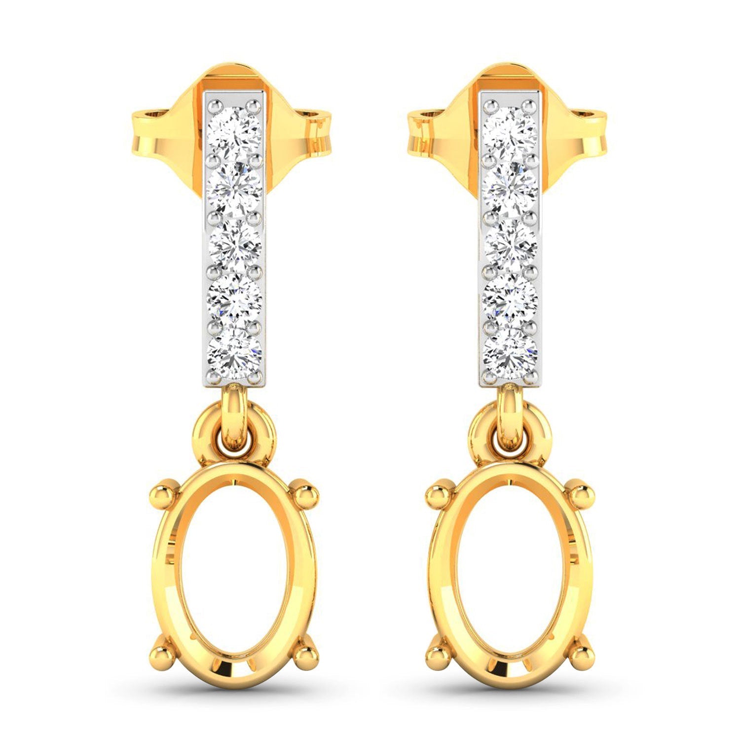 0.14 Carat Genuine White Diamond 14K Yellow Gold Semi Mount Earrings - holds 7x5mm Oval Gemstones Bids.com