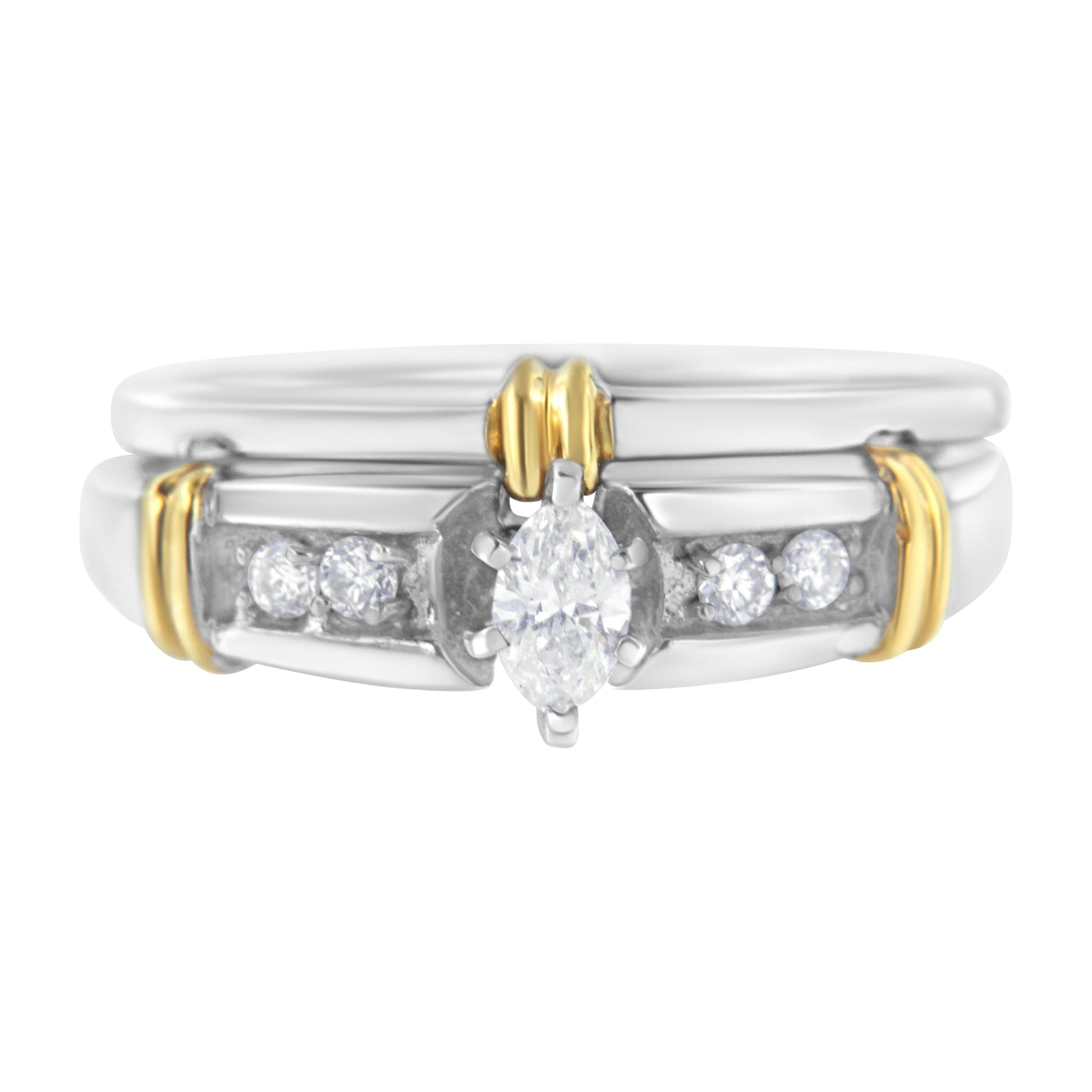 14K Yellow and White Gold 1/3 Cttw Marquise Diamond Cocktail Engagement Ring Set (H-I Color, SI1-SI2 Clarity) - Size 7 Bids.com