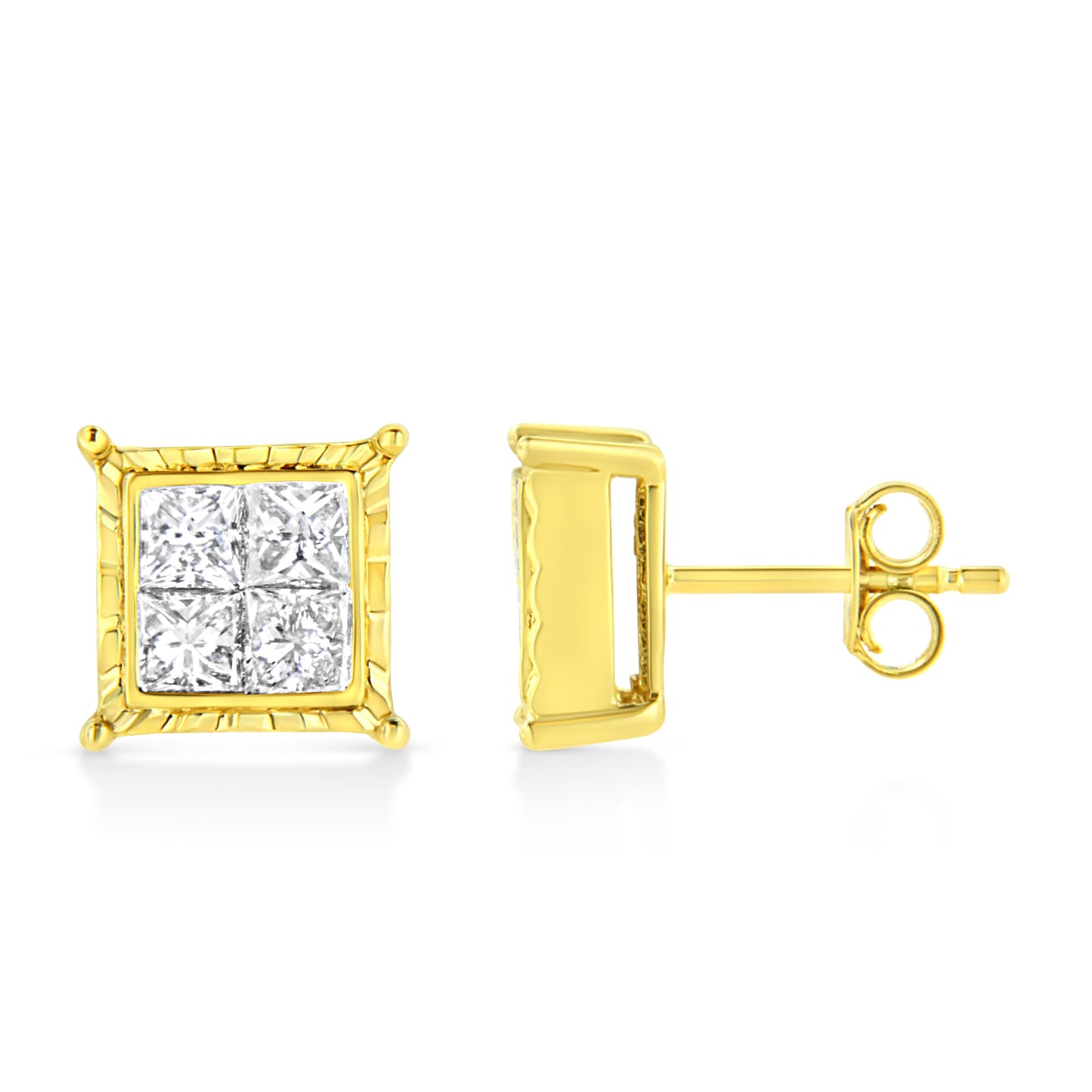 14K Yellow Gold 1.0 Cttw Invisible Set Princess-Cut Diamond Composite 8 Stone Stud Earrings (I-J Color, SI1-SI2 Clarity) Bids.com