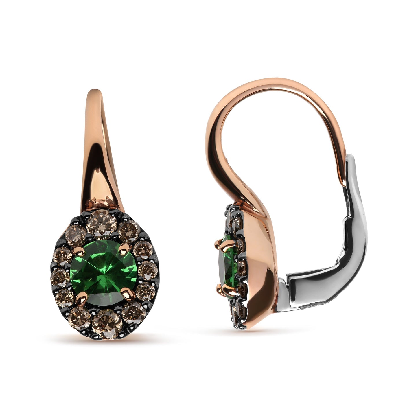 18K Rose and White Gold 3/8 Cttw Round Brown Diamonds and Round Green Tsavorite Gemstone Halo Drop Hoop Earrings (Brown Color, SI1-SI2 Clarity) Bids.com