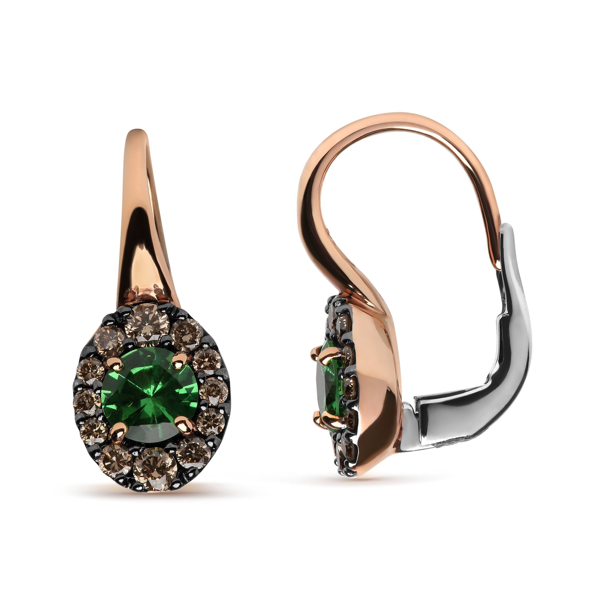 18K Rose and White Gold 3/8 Cttw Round Brown Diamonds and Round Green Tsavorite Gemstone Halo Drop Hoop Earrings (Brown Color, SI1-SI2 Clarity) Bids.com