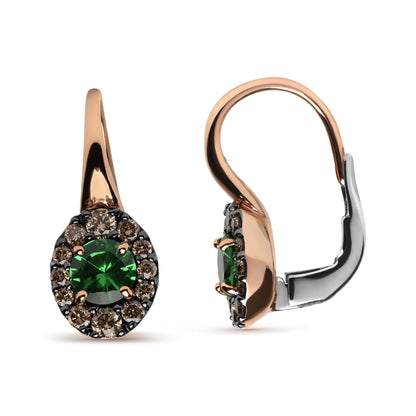 18K Rose and White Gold 3/8 Cttw Round Brown Diamonds and Round Green Tsavorite Gemstone Halo Drop Hoop Earrings (Brown Color, SI1-SI2 Clarity) Bids.com