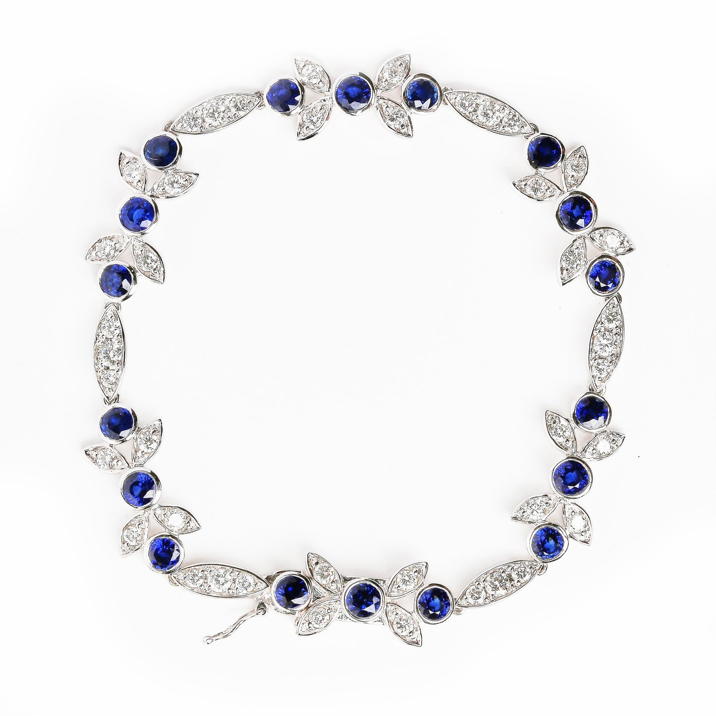 18K White Gold 1 3/4 Cttw Diamond and 3x3mm Round Blue Sapphire Gemstone Floral Link Bracelet (G-H Color, SI1-SI2 Clarity) - Size 7" Bids.com
