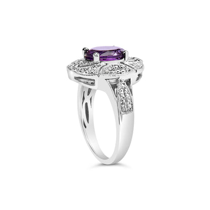 .925 Sterling Silver 9x7mm Oval Purple Amethyst and Diamond Accent Art Deco Style Cocktail Ring (I-J Color, I1-I2 Clarity) - Size 6 Bids.com