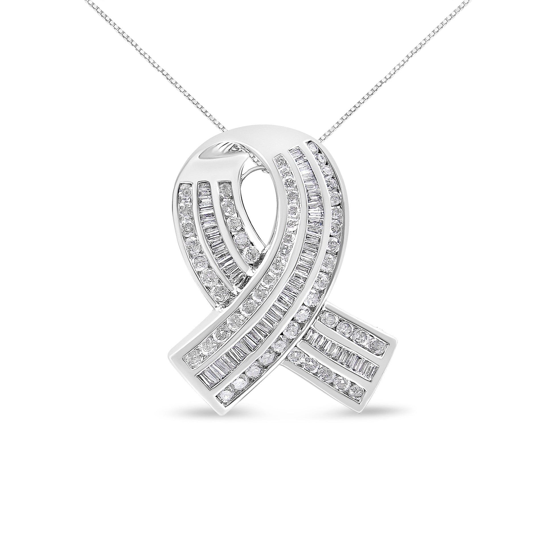 14K White Gold 2 5/8 Cttw Channel Set Round and Baguette Diamond Awareness Ribbon Pendant (H-I Color, I1-I2 Clarity) - Chain Not Included Bids.com