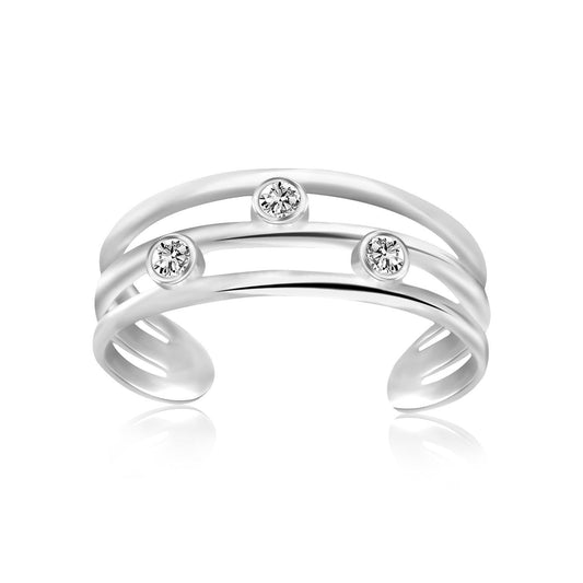 Sterling Silver Rhodium Plated Triple Line Open Motif Cubic Zirconia Toe Ring Bids.com