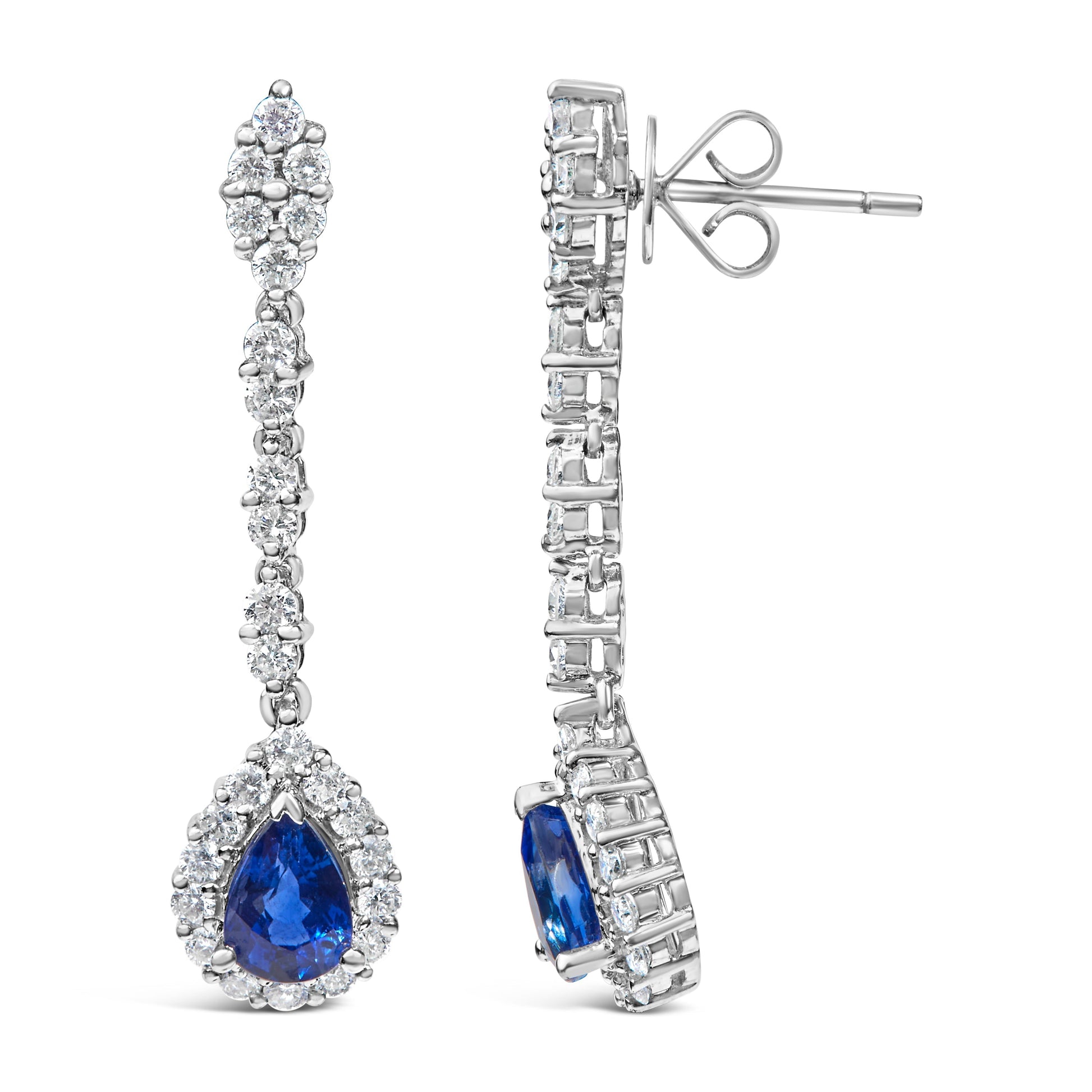 18K White Gold 1 3/5 Cttw Diamond and 7X5 MM Pear Shaped Blue Sapphire 1 1/3 Inch Drop and Dangle Halo Earrings (G-H Color, VS1-VS2 Clarity) Bids.com