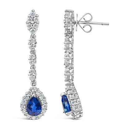18K White Gold 1 3/5 Cttw Diamond and 7X5 MM Pear Shaped Blue Sapphire 1 1/3 Inch Drop and Dangle Halo Earrings (G-H Color, VS1-VS2 Clarity) Bids.com