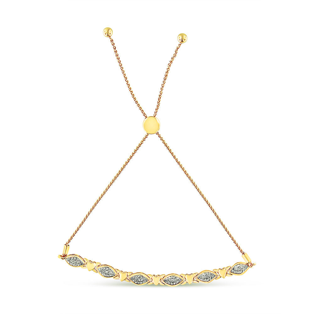 14K Yellow Gold Plated .925 Sterling Silver Diamond Accent Alternating Marquise Shape and Heart Links Bolo Bracelet (I-J Color, I3 Clarity) - Adjustable 6" to 9" Bids.com